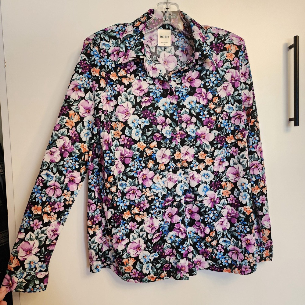 Blair Womens Floral 90s Collared Blouse Black Purple Vintage Button Up Small